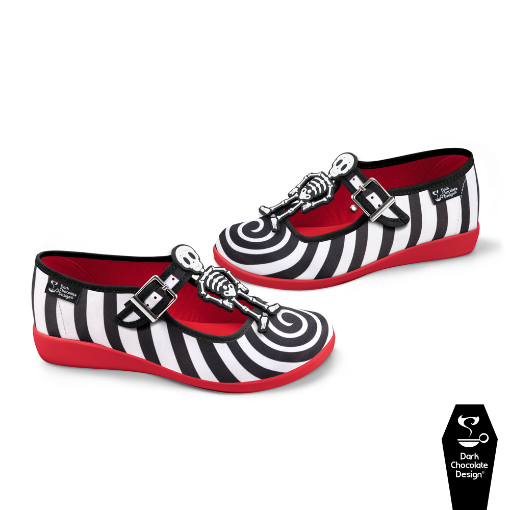 Hot Chocolate Design - Crazy Bones black-and-white spiral shoes with skeleton accessories on red sole.
