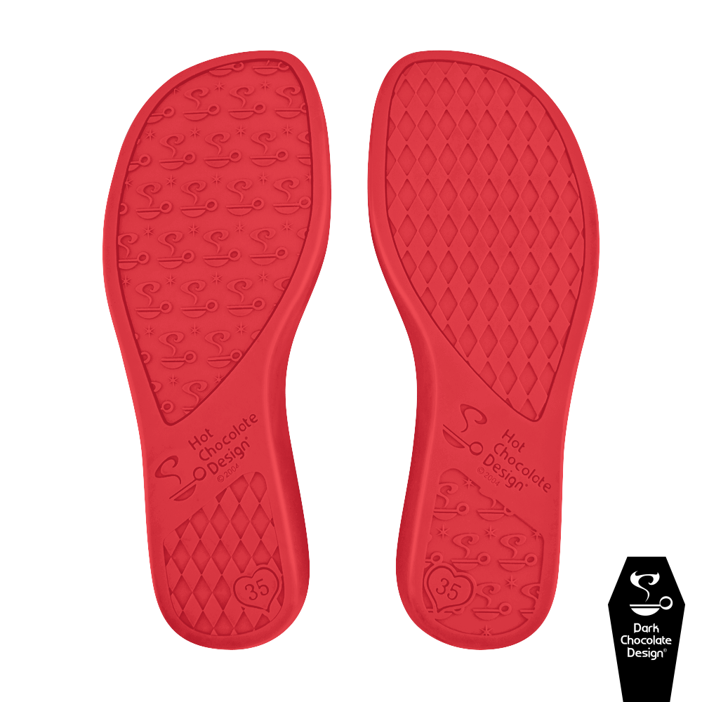 Hot Chocolate Design - Crazy Bones red shoe soles with diamond pattern and printed branding.