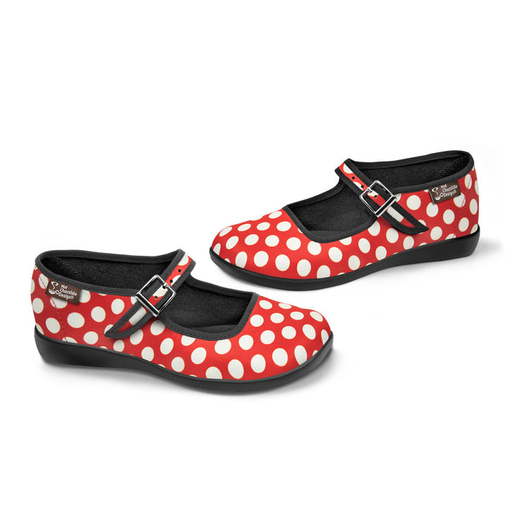 Hot Chocolate Design Red Polka mary janes with red canvas and white polka dots, stylish and comfortable hot chocolate shoes.