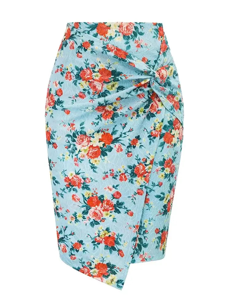 Floral patterned skirt on a light blue background