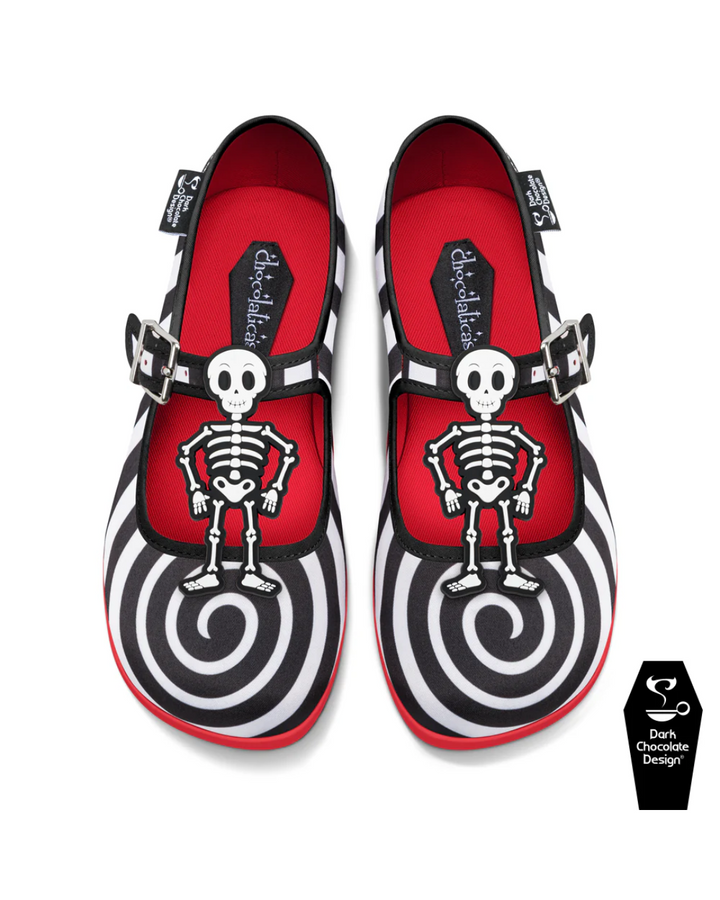 Hot Chocolate Design - Crazy Bones shoes featuring black-and-white spirals and cute skeleton accessories.