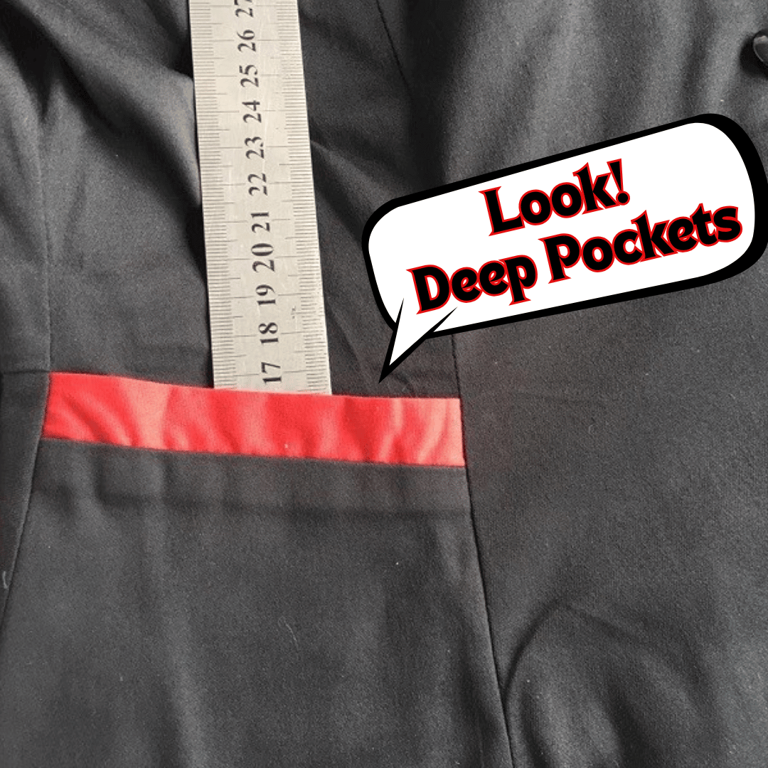 Close-up of deep pockets in 1950s Diner Dress, featuring a contrasting red trim, emphasizing functionality and style.