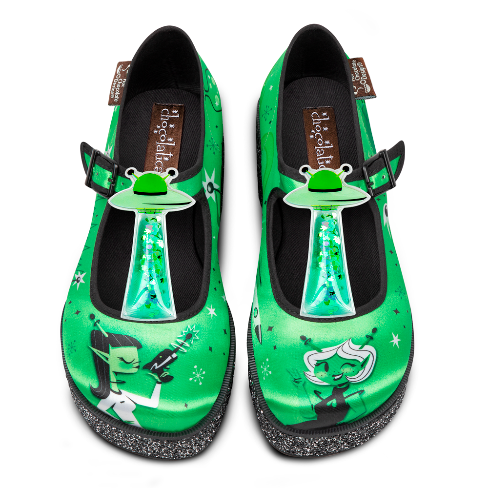 Hot Chocolate Design ET Gals Platform shoes with vibrant green canvas and UFO accessories