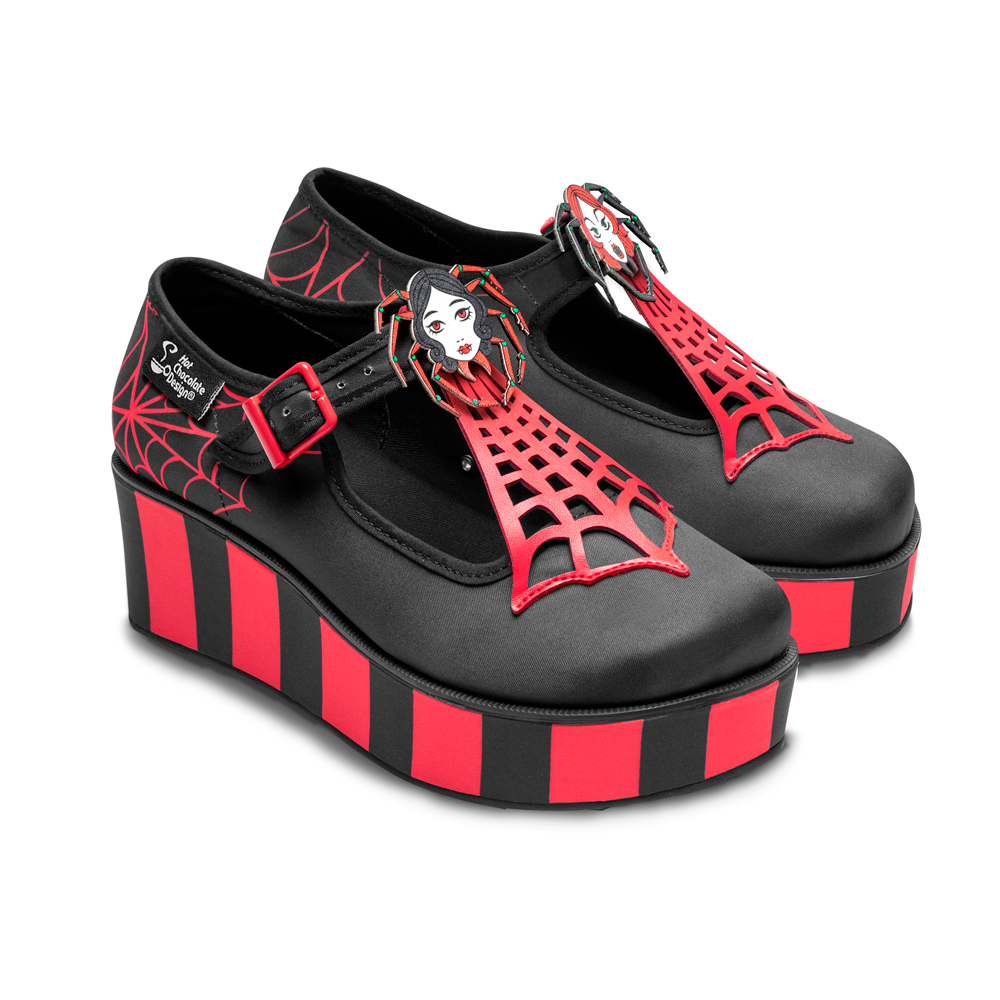 Hot Chocolate Design Spidora Platform shoes with spider face clip and web-shaped t-strap, perfect Mary Jane style.