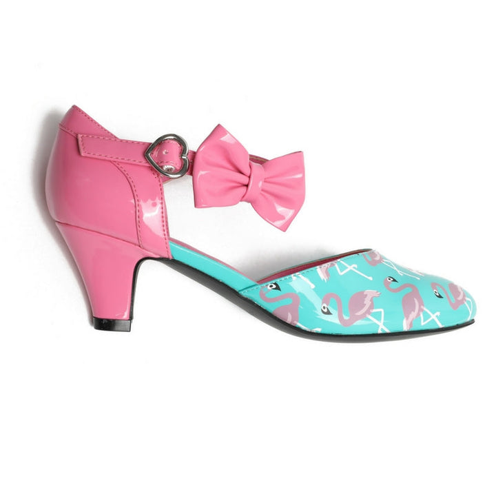 SugarPOP Mingo playful pink flamingo kitten heels with adjustable buckle and bow accent, perfect retro shoes women.