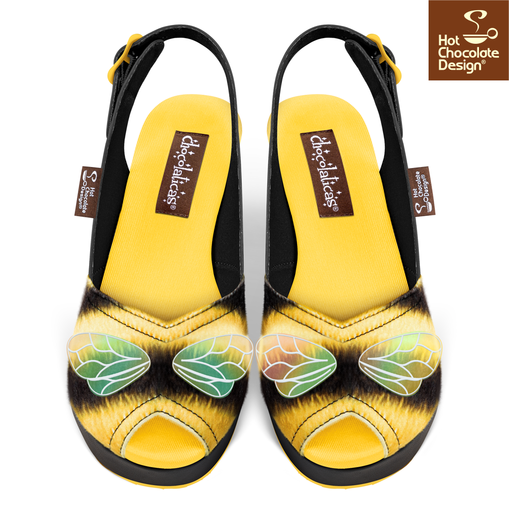 Hot Chocolate Design - Queen Bee Sandal with yellow and black faux fur and bee wing details.