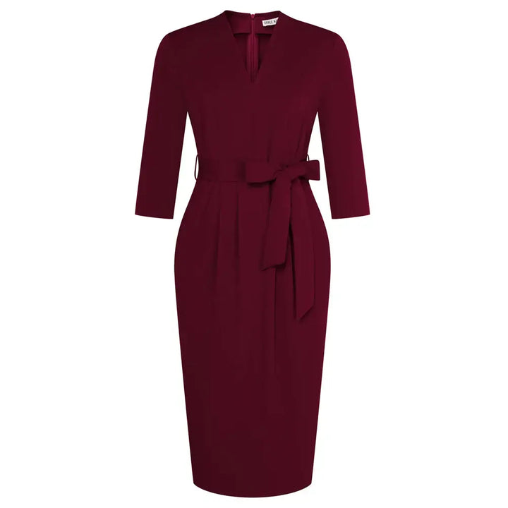 Yvonne 3/4 sleeve pencil dress in wine red with a V-neckline and removable belt, featuring pockets.