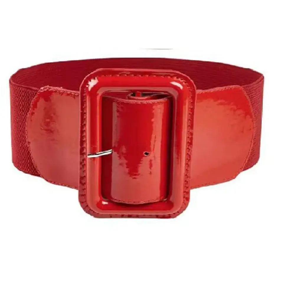 Bold red Patent Elastic Retro Belt with wide cinch design and oversized glossy buckle.