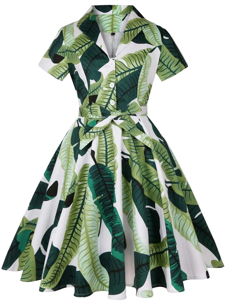 Tropical Leaves Vintage Swing Dress