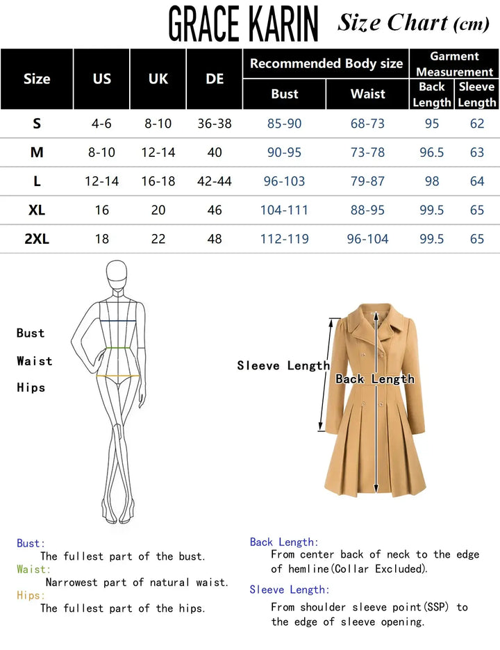 Grace Karin women's trench coat size chart with measurements for bust, waist, and hips in centimeters.
