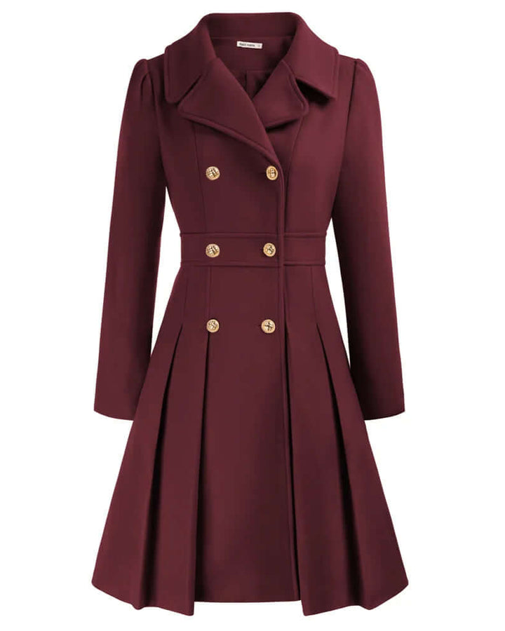 Grace Karin Women's double-breasted trench coat in burgundy, featuring gold buttons and a pleated skirt design.