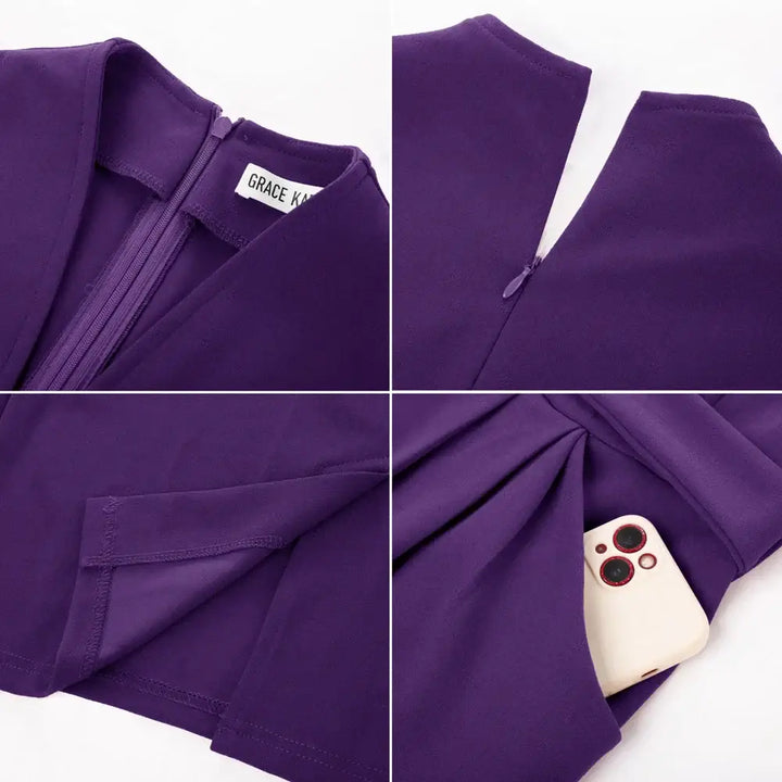 Close-up of Yvonne 3/4 Sleeve Pencil Dress showing zipper, fabric details, and pockets with phone inside.