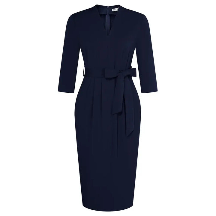 Navy Yvonne 3/4 Sleeve Pencil Dress with V-neckline and removable belt, designed to flatter every curve.