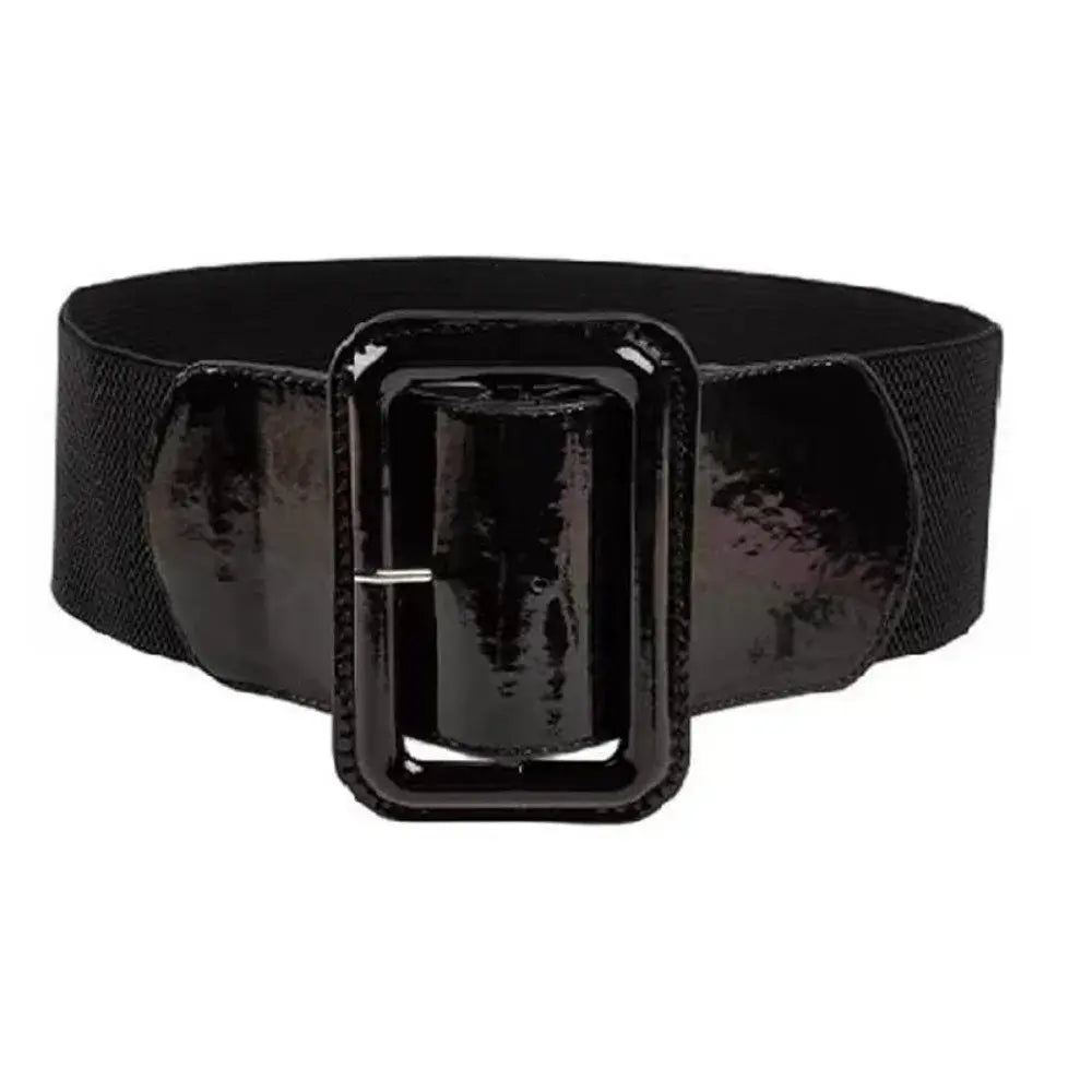 Patent Elastic Retro Belt with glossy black buckle, perfect for adding vintage flair to outfits.