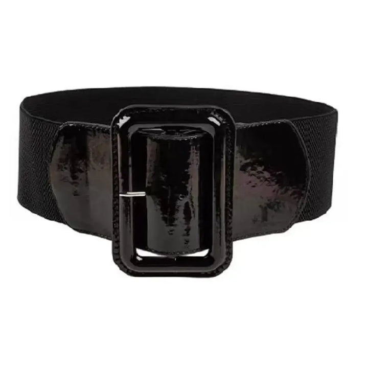 Patent Elastic Retro Belt with glossy black buckle, perfect for adding vintage flair to outfits.