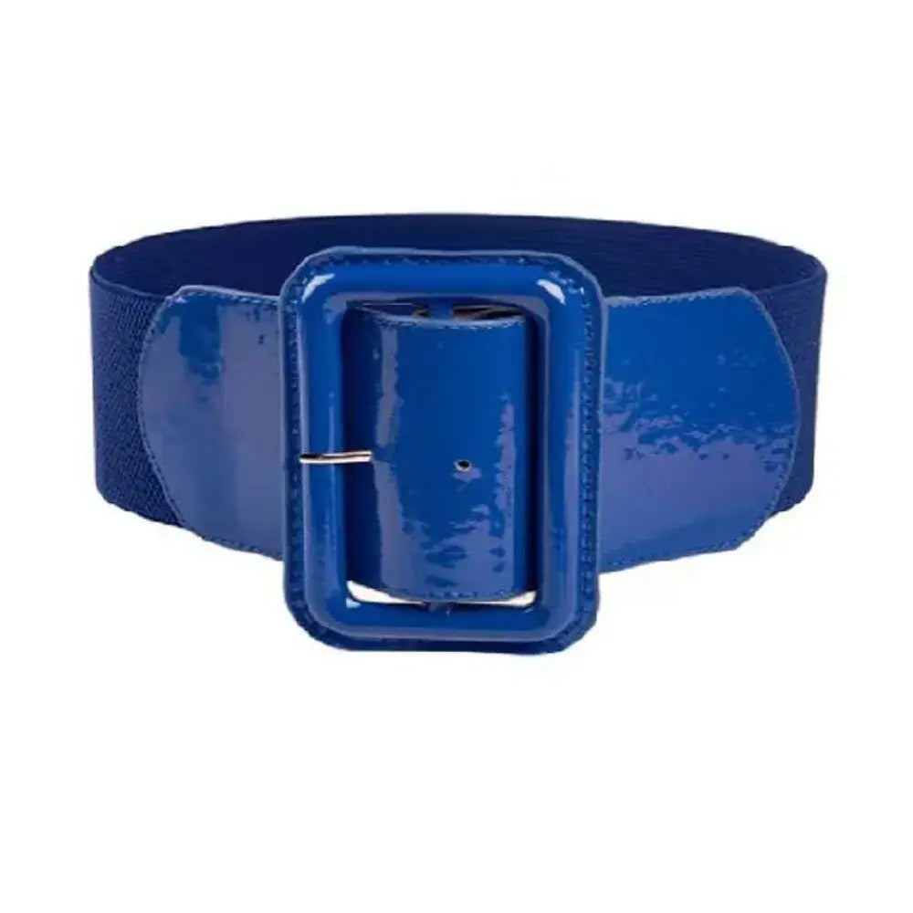 Glossy blue Patent Elastic Retro Belt with wide cinch design and oversized buckle for vintage style.