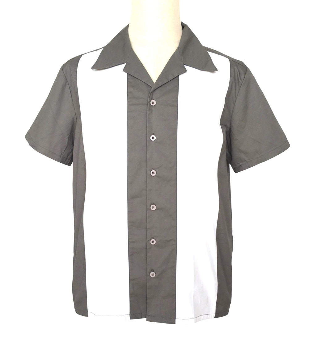 Gray and white button-up shirt on a mannequin against a white background