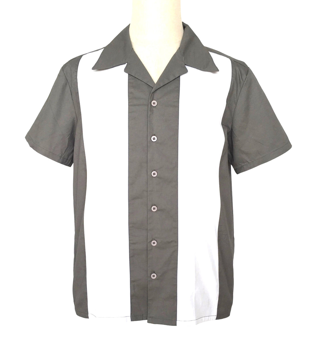 Gray and white button-up shirt on a mannequin against a white background