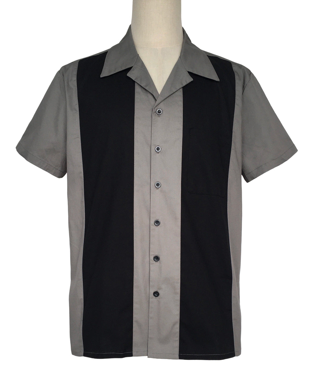 Black and gray shirt on a mannequin against a white background