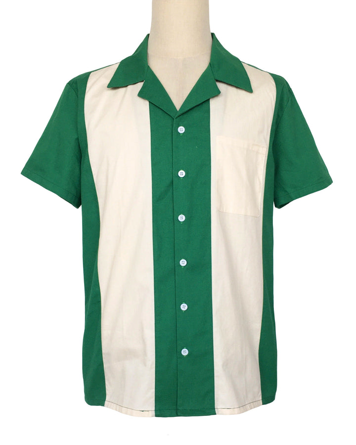 Mens Vintage Style Bowling Dress Shirt - Green Ivory Panels