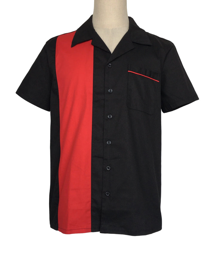 Mens Vintage Style Bowling Dress Shirt - Black Red Panels