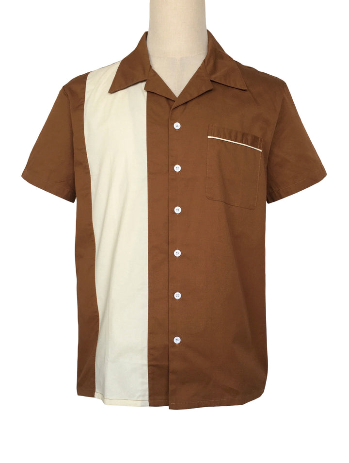 Mens Vintage Style Bowling Dress Shirt - Brown Ivory Panels