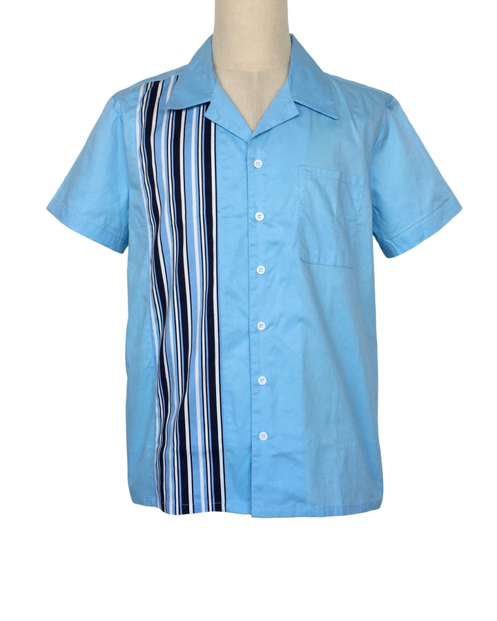 Mens Vintage Style Bowling Dress Shirt - Blue Striped Panel