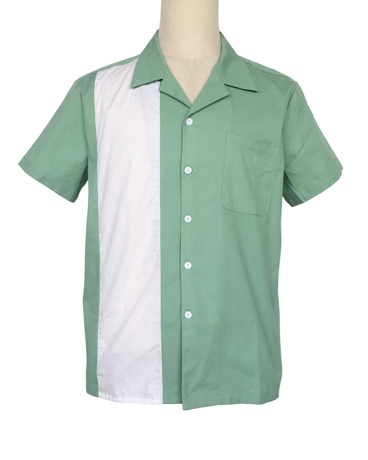 Mens Vintage Style Bowling Dress Shirt - Mint Green White Panel