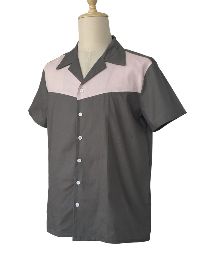 Mens Vintage Style Bowling Dress Shirt - Grey/Pink