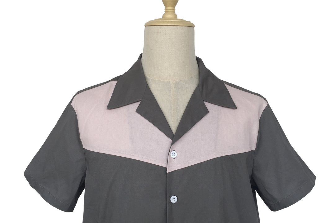 Mens Vintage Style Bowling Dress Shirt - Grey/Pink