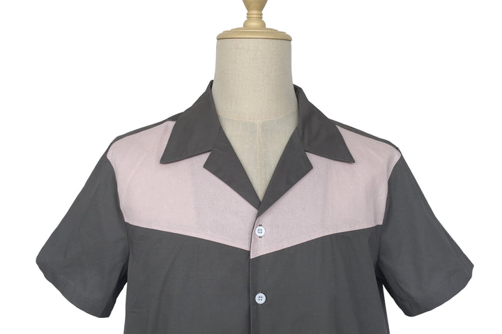Mens Vintage Style Bowling Dress Shirt - Grey/Pink
