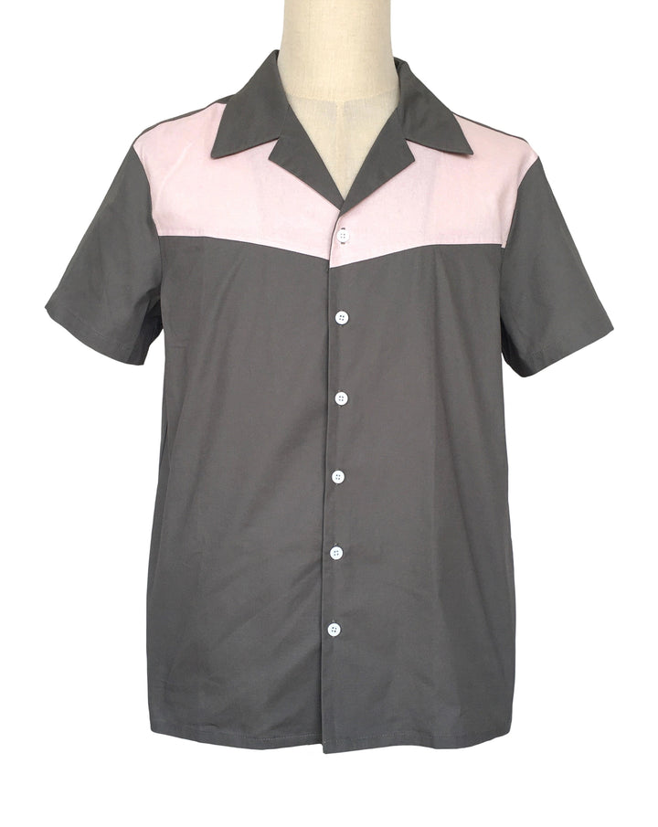Mens Vintage Style Bowling Dress Shirt - Grey/Pink