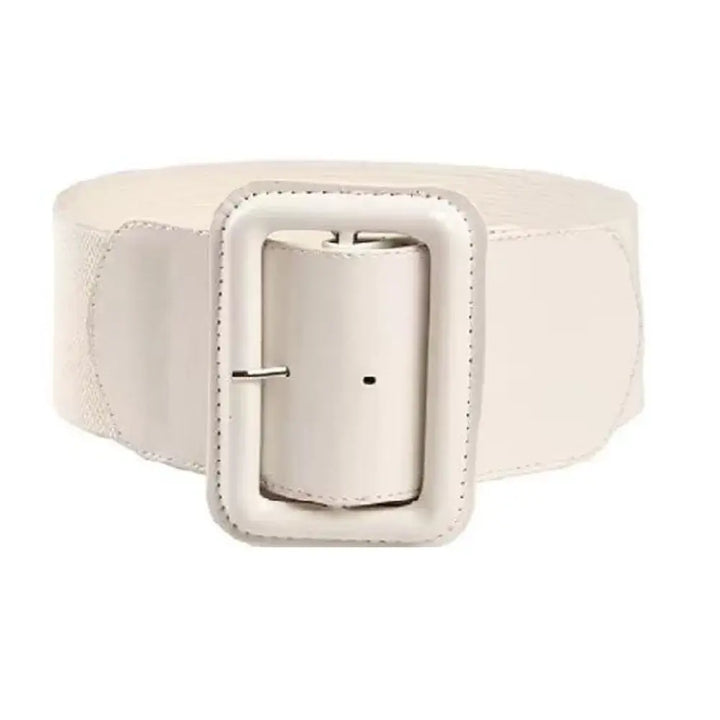 Wide patent elastic retro belt with oversized buckle in glossy white finish.