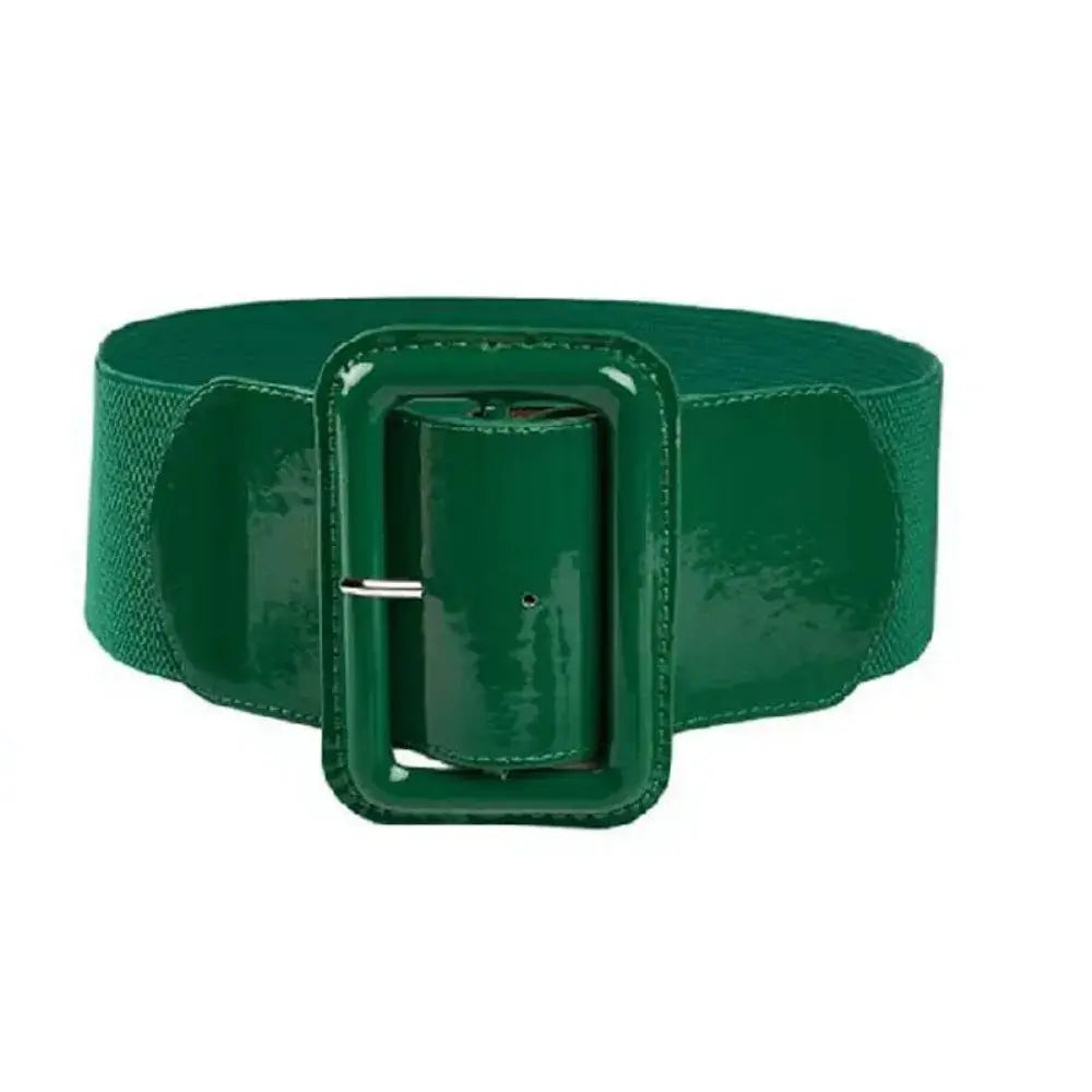 Bold green Patent Elastic Retro Belt with oversized buckle, perfect for defining waist and adding vintage flair.