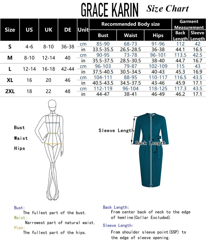 Size chart for Grace Karin dresses, including body measurements for bust, waist, hips, sleeve length, and back length.