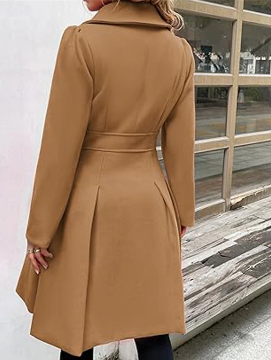 Back view of Grace Karin women's double breasted trench coat in camel color, showcasing its elegant design and tailored structure.