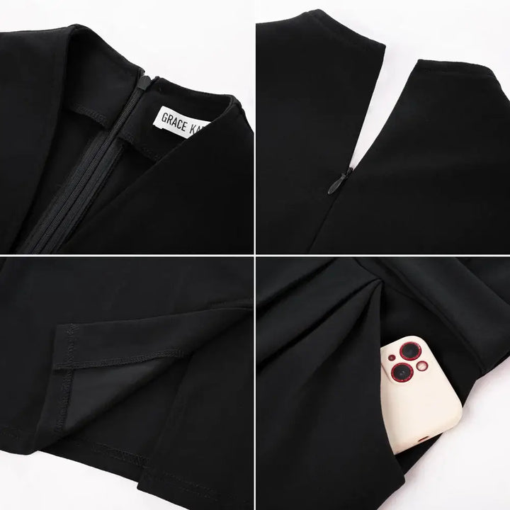 Close-up of the Yvonne Pencil Dress showing zipper detail, label, and hidden pockets with a smartphone.