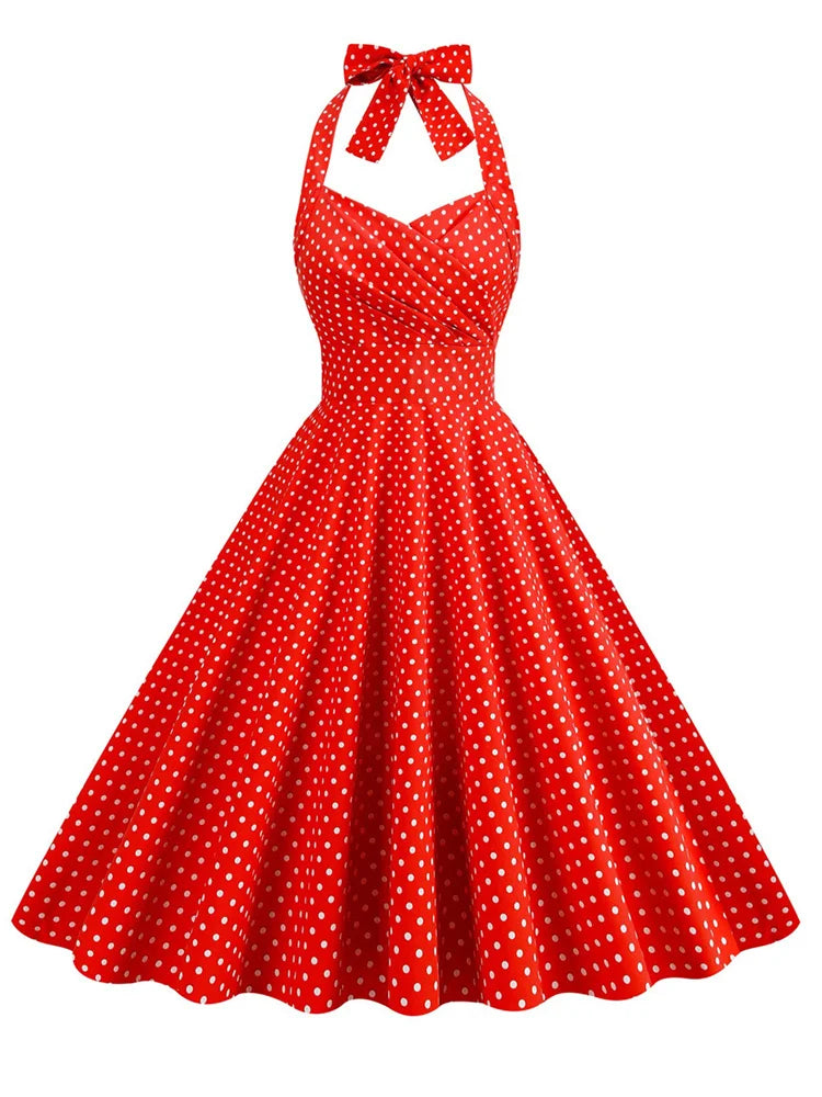 1950s Polka Dot Halter Swing Dress Red – Pin-Up Rockabilly Style
