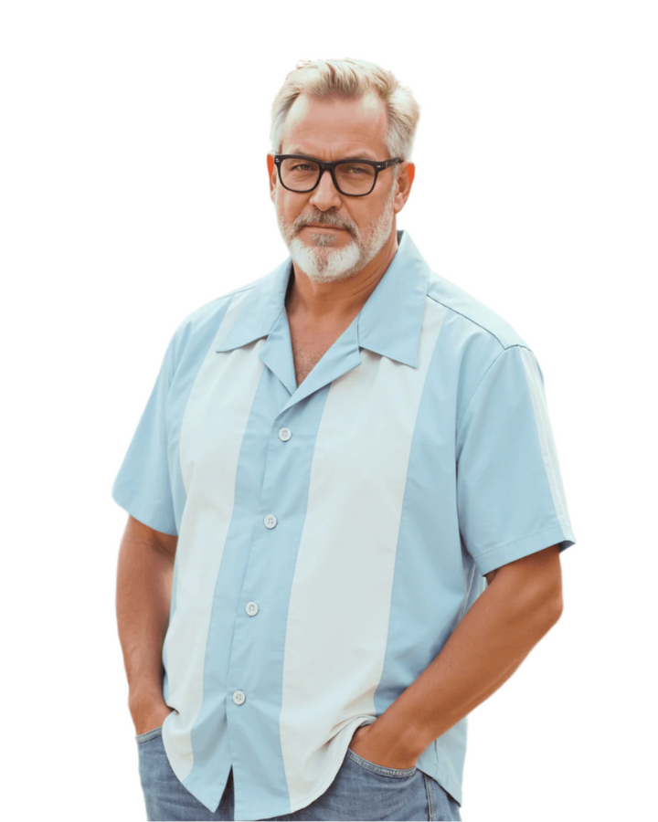 Mens Vintage Style Bowling Dress Shirt - Pale Blue White Panels