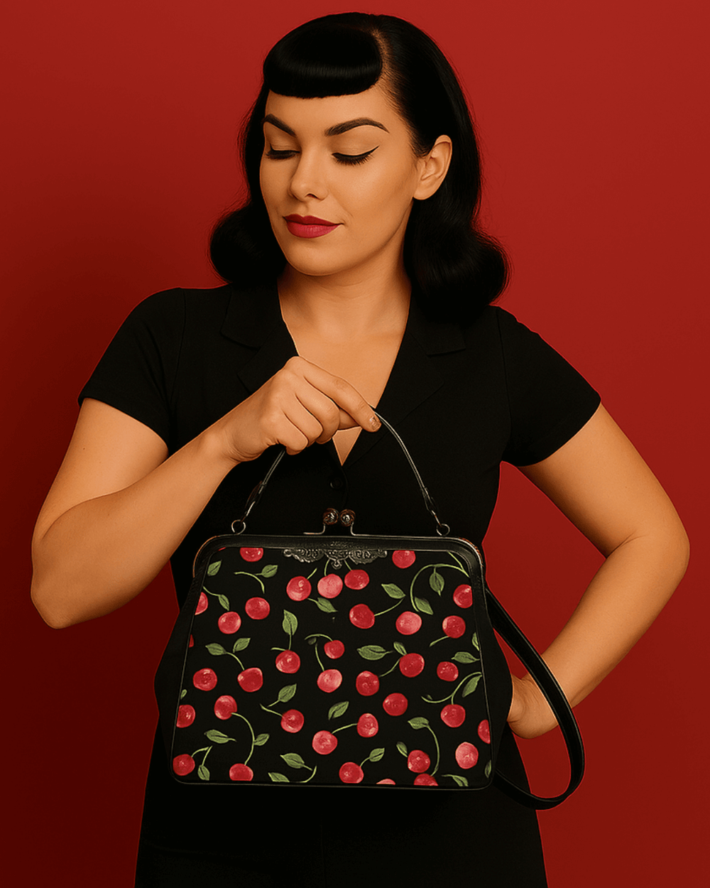 Woman in vintage dress holding a Kisslock handbag with cherry print against a red background.