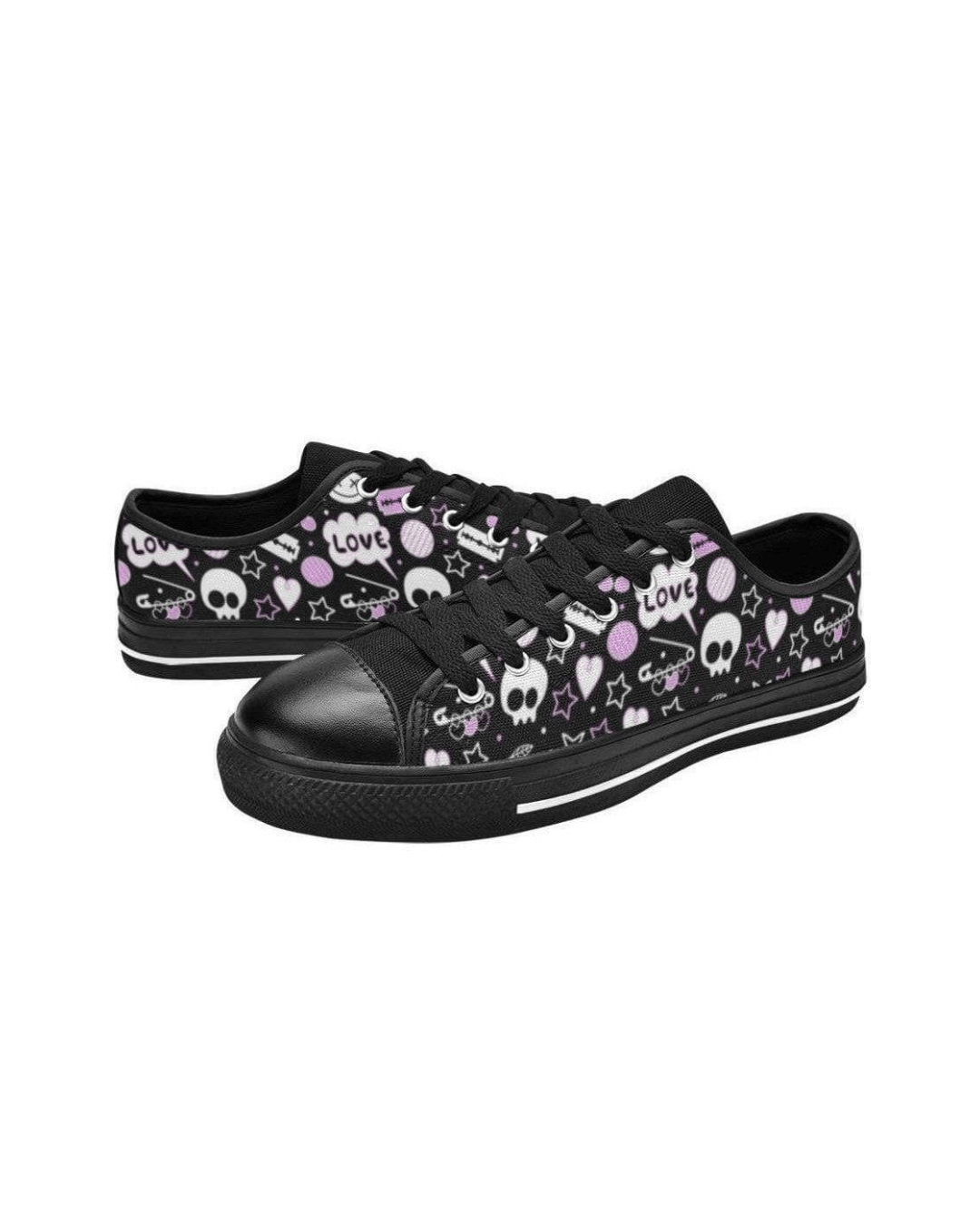 PUNK! retro style sneakers with skull and love graphic design, black canvas, and durable rubber sole.
