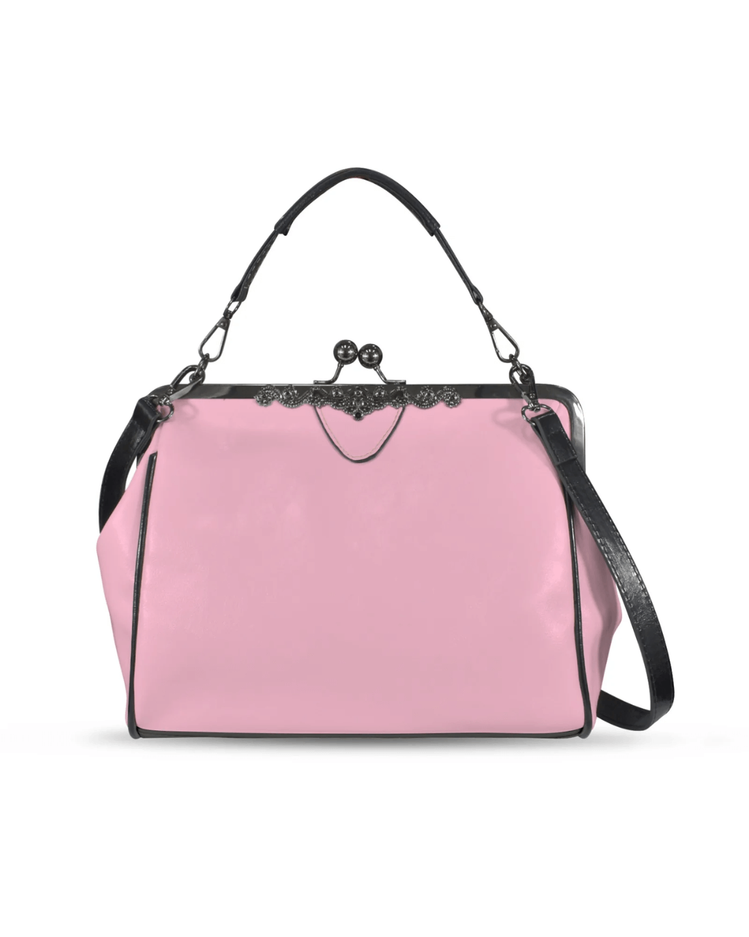 Vintage kisslock handbag in soft pink with black accents, perfect for adding retro elegance to any outfit.