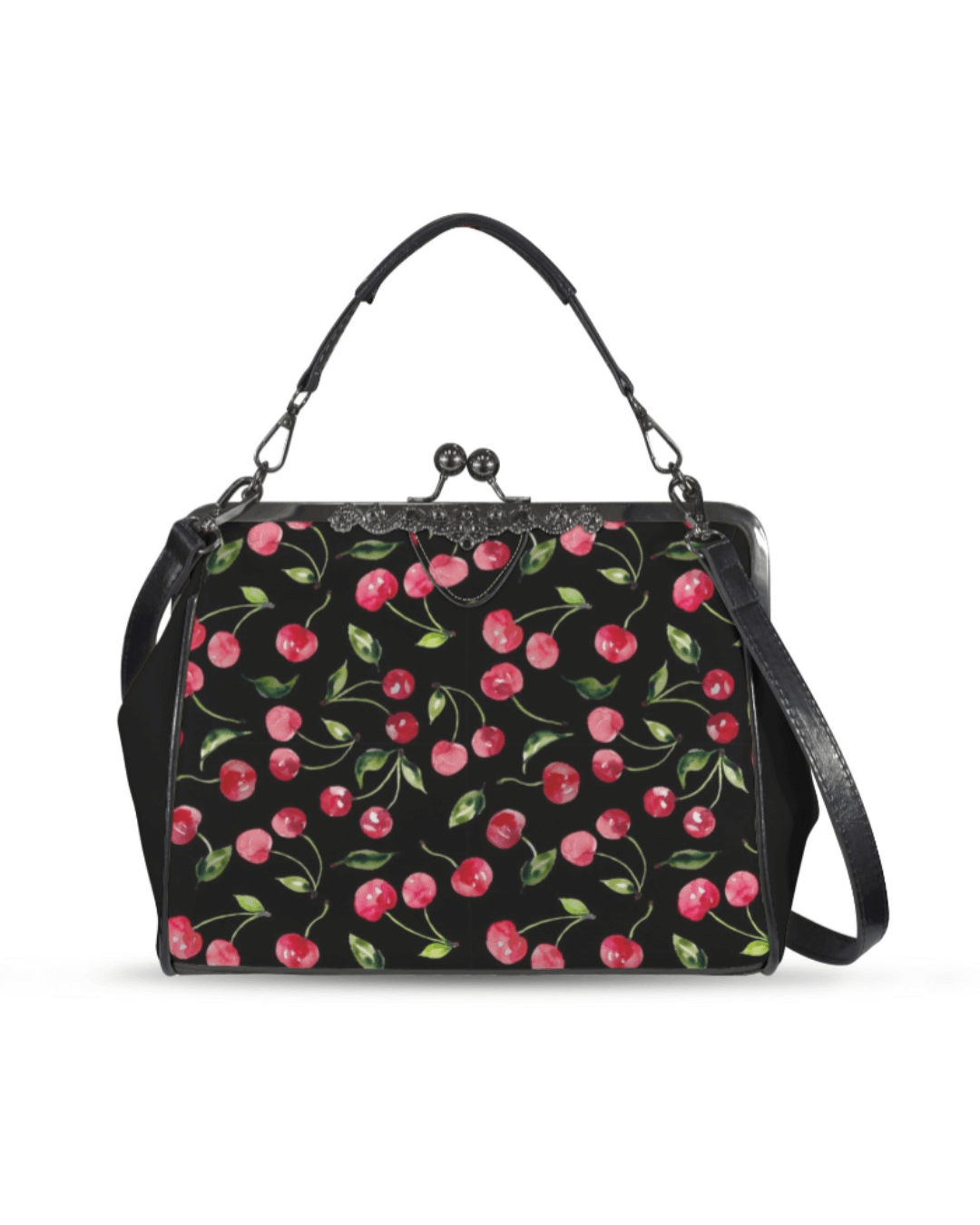 Kisslock vintage handbag purse with cherry print, perfect blend of retro charm and modern style.