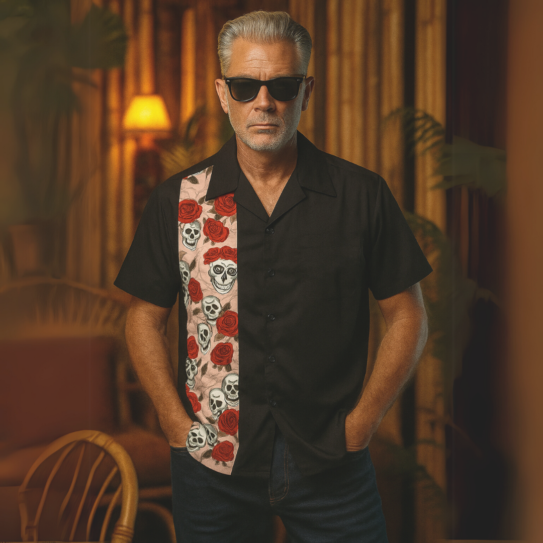 Mens Vintage Style Bowling Dress Shirt - Skulls & Roses Pink