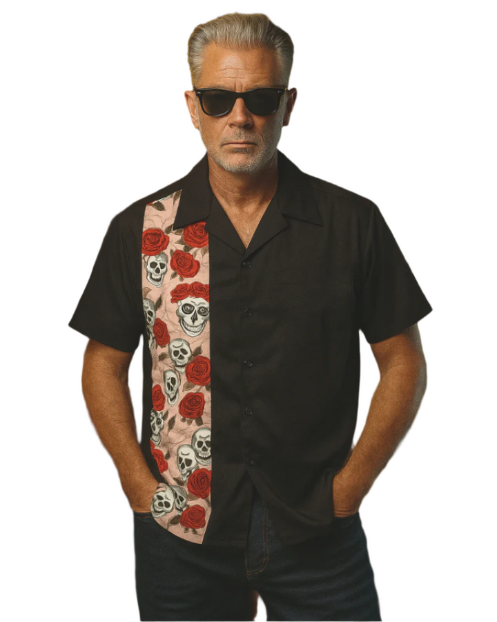 Mens Vintage Style Bowling Dress Shirt - Skulls & Roses Pink