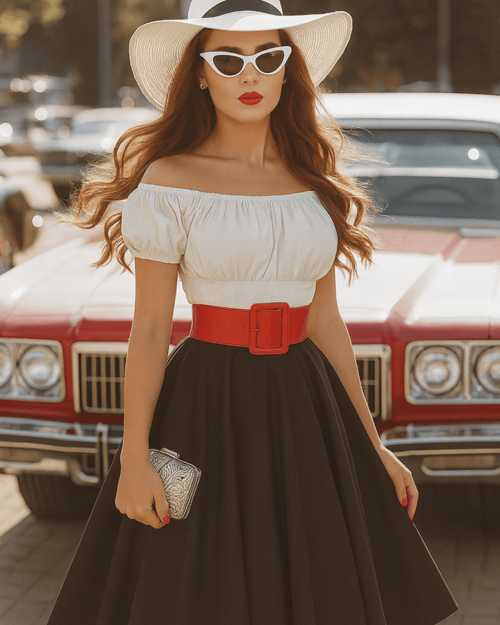 Model wearing a stylish white peasant top paired with a black skirt and red belt, set against a vintage car backdrop.