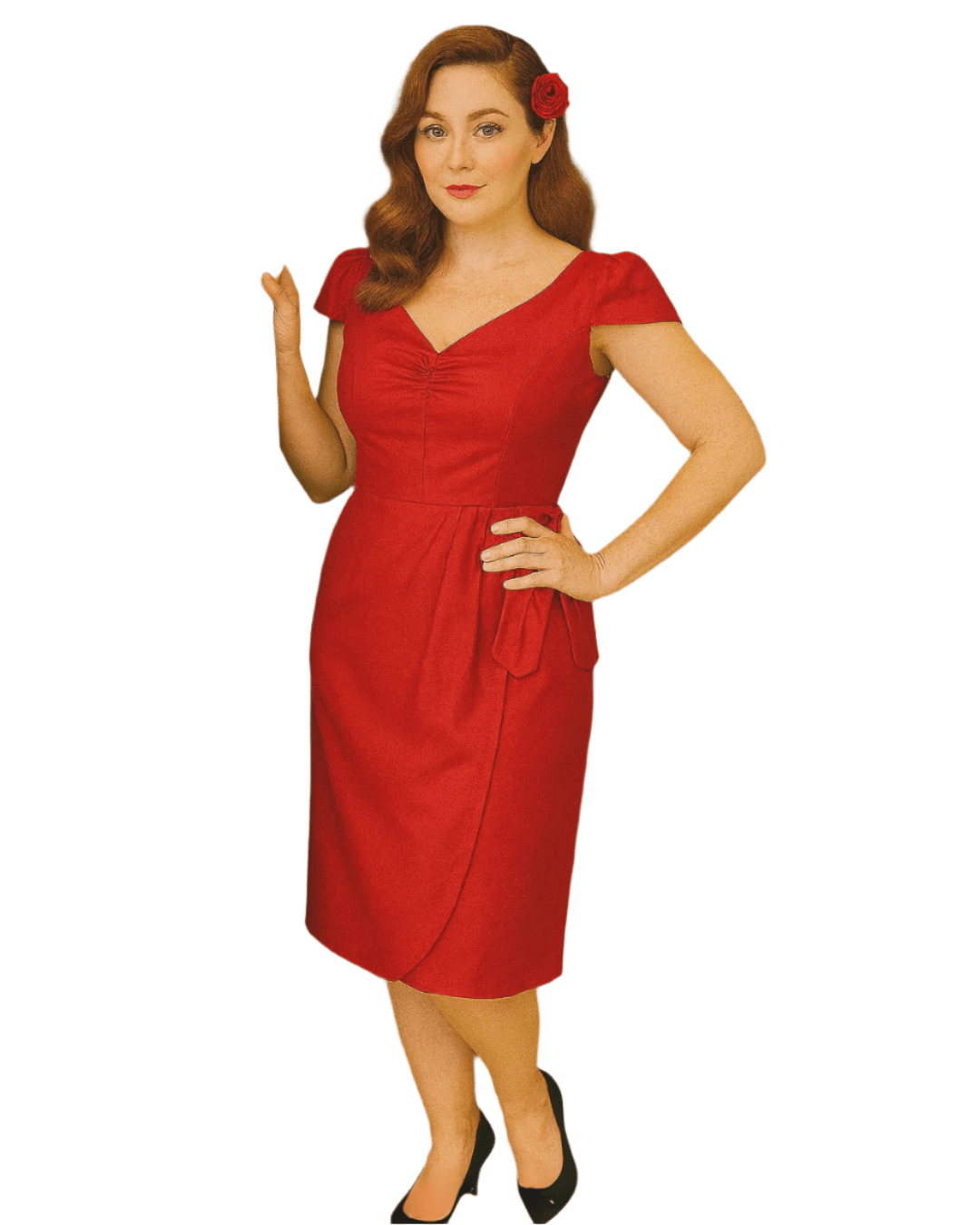 Model wearing a stylish Maisie Red Pencil Dress with bow-tied sleeves and a flattering V-neck, perfect for vintage fashion lovers.