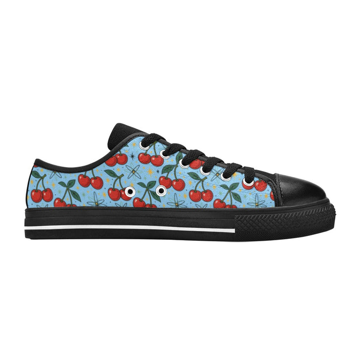 Atomic Cherries Kids Sneakers(B) featuring bright cherry print and retro design on a lightweight canvas shoe.