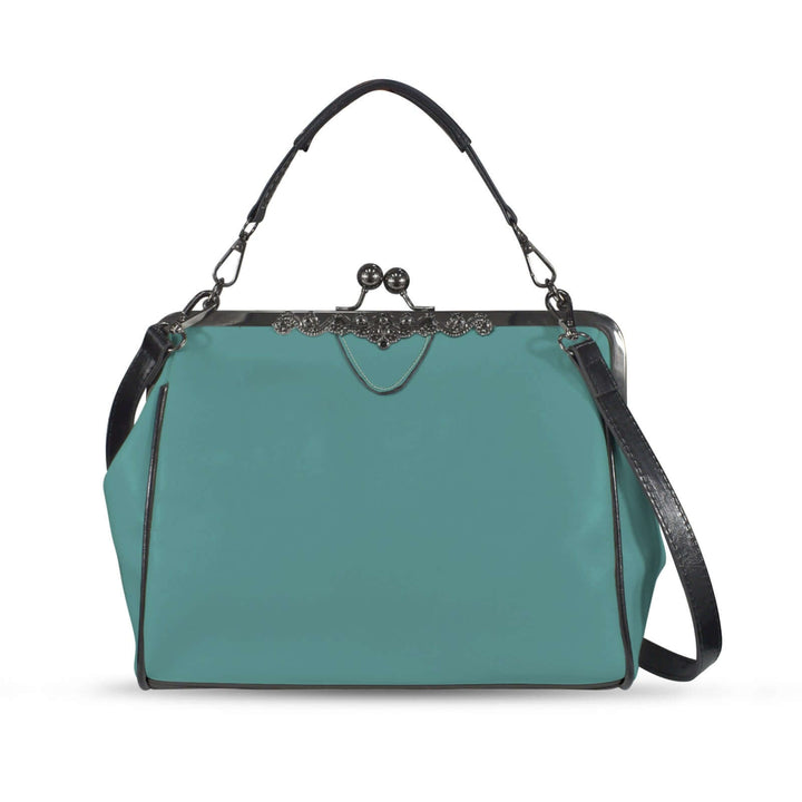 Vintage kisslock handbag in solid teal with structured design and elegant detailing.