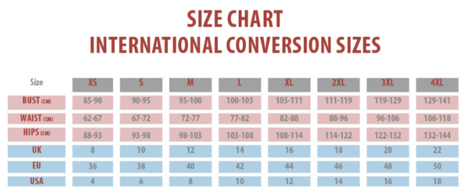 Size chart for international conversion sizes for women's clothing, including bust, waist, and hip measurements.